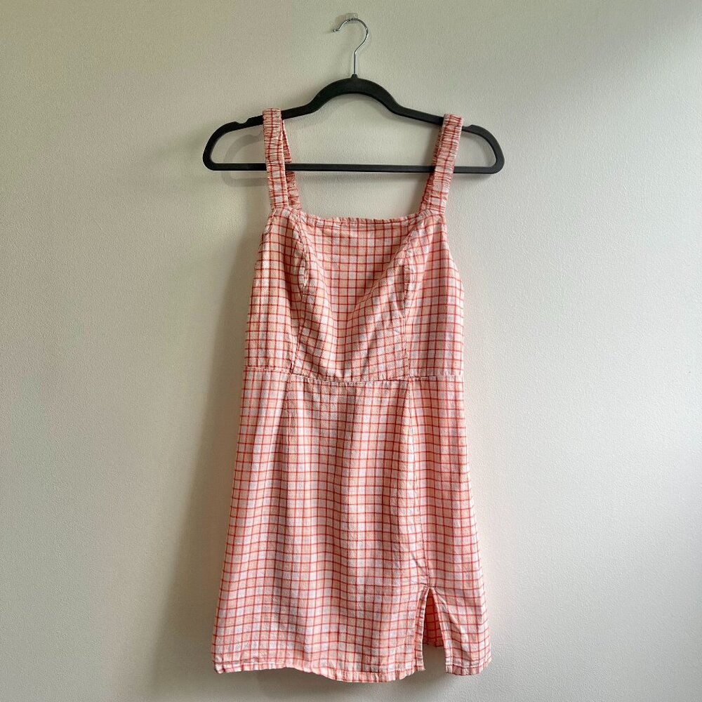 Orange-pink plaid mini linen dress